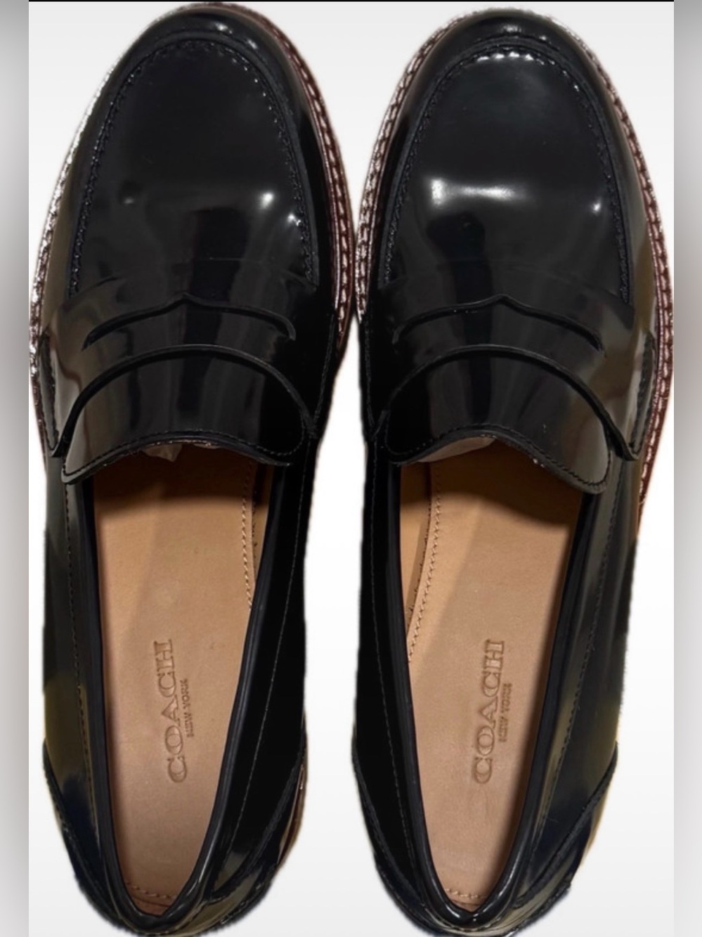 Coach G1996 Black Patent Leather Penny Loafers Made in Spain 7.5, New & Unboxed